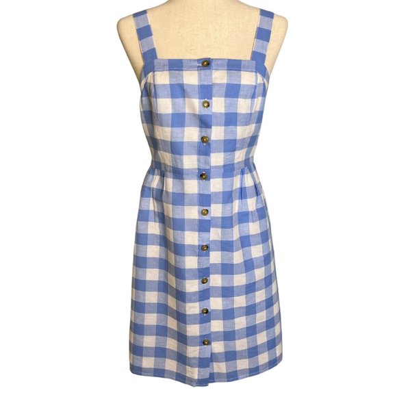 J. Crew Factory Dresses & Skirts - J. Crew Factory Linen Button Front Blue Plaid Checked Square Neck Dress Jumper 4